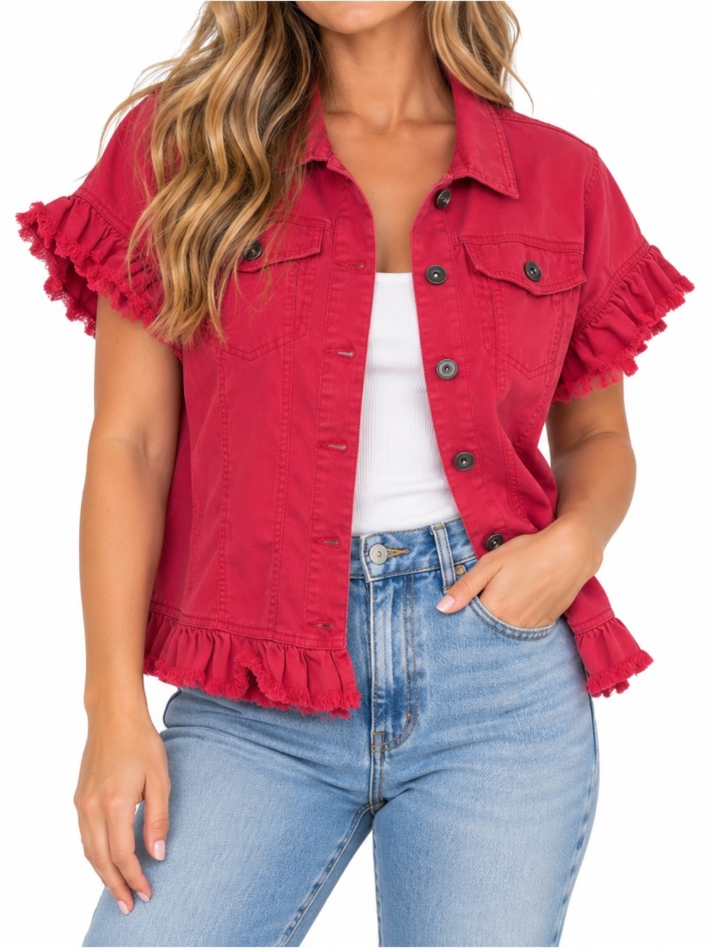Multiples Red Ruffle Short Sleeve Button Front Jacket Size Medium